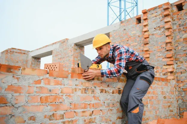 Maçon auto-entrepreneur en tenue de sécurité sur chantier de construction