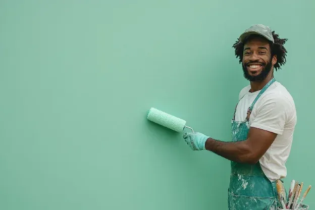 Peintre professionnel appliquant peinture verte au rouleau sur mur intérieur